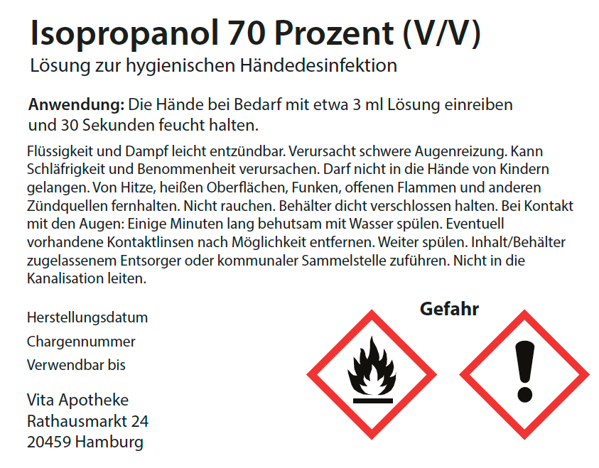 Etiketten für Handdesinfektionsmittel, Lösung zur hygienischen Händedesinfektion, Apotheken, Covid 19